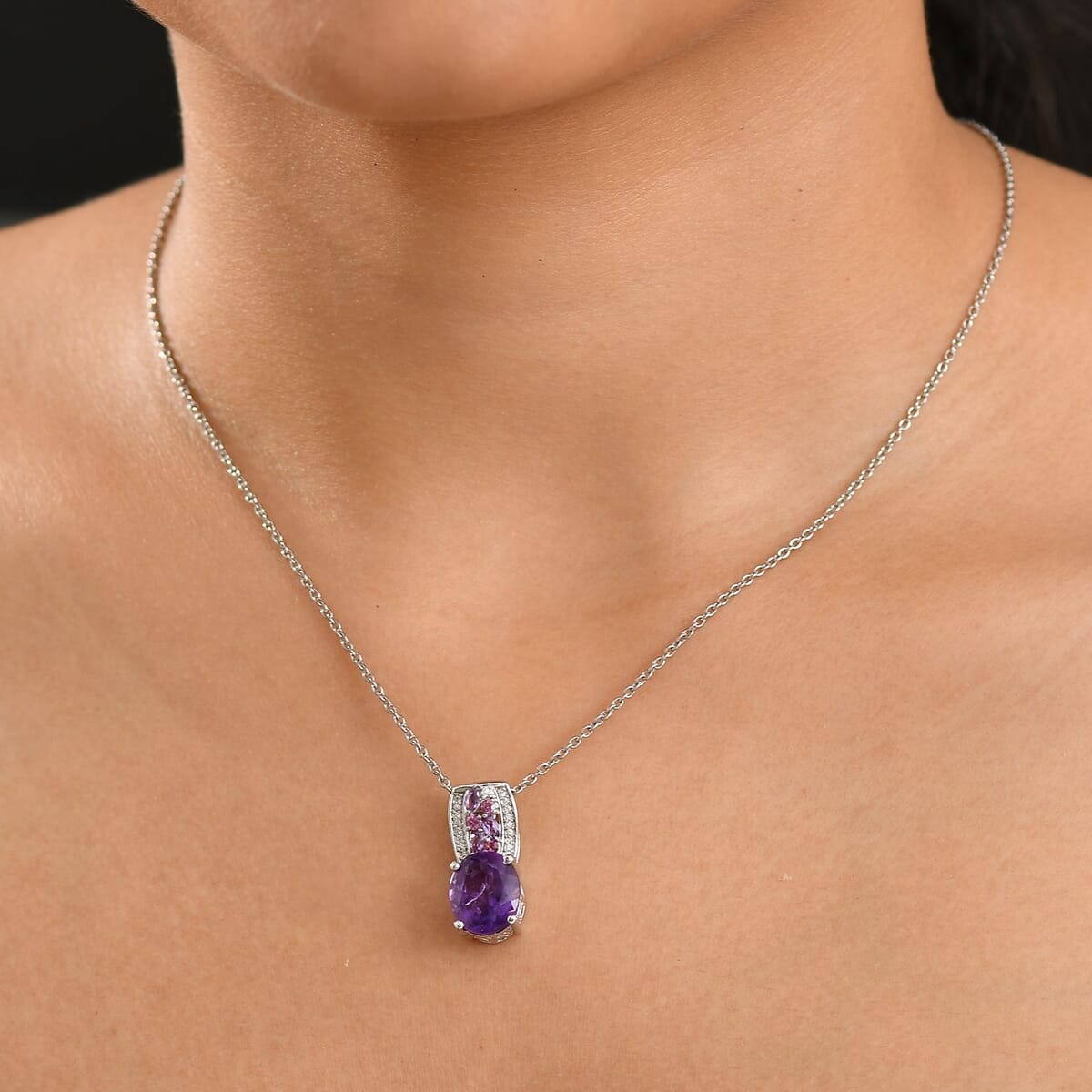 Karis African Amethyst and Multi Gemstone 4.50 ctw Blooming Pendant in Platinum Bond with Stainless Steel Necklace 20 Inches image number 2