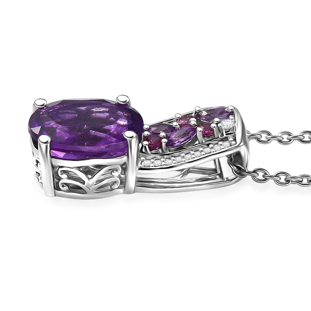 Karis African Amethyst and Multi Gemstone 4.50 ctw Blooming Pendant in Platinum Bond with Stainless Steel Necklace 20 Inches image number 3