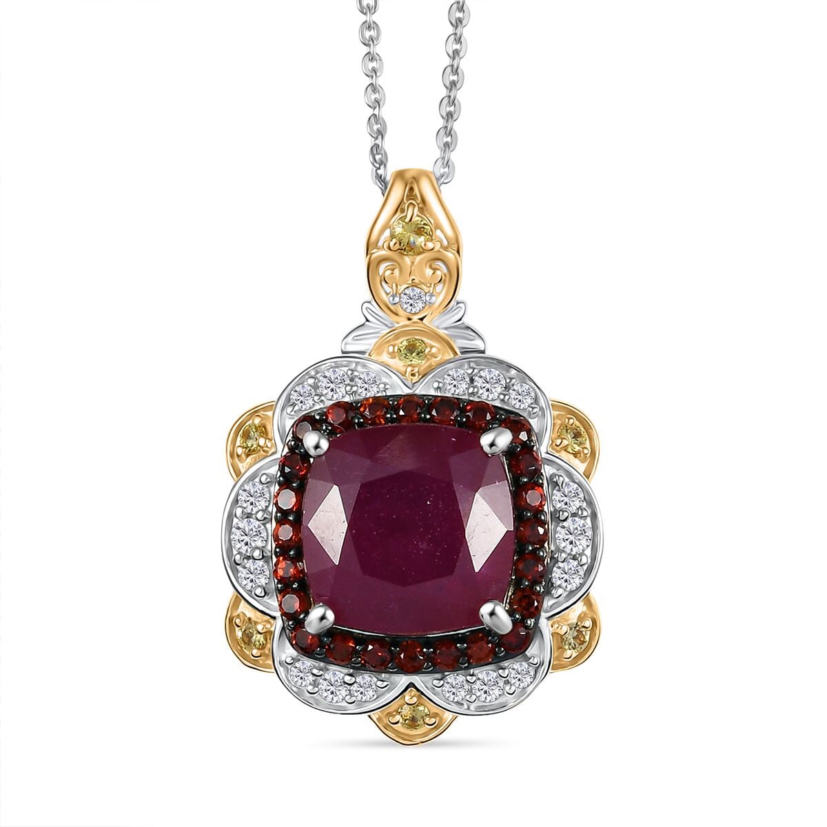 D'Joy Niassa Ruby (FF) and Multi Gemstone 7.60 ctw Pendant Necklace in 18K Vermeil YG and Rhodium Over Sterling Silver 20 Inches image number 0