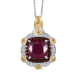D'Joy Niassa Ruby (FF) and Multi Gemstone 7.60 ctw Pendant Necklace in 18K Vermeil YG and Rhodium Over Sterling Silver 20 Inches