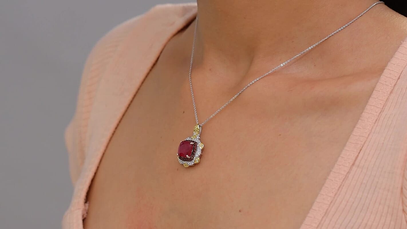 D'Joy Niassa Ruby (FF), Multi Gemstone Pendant Necklace (20 Inches) in 18K Vermeil YG and Rhodium Over Sterling Silver 7.60 ctw
