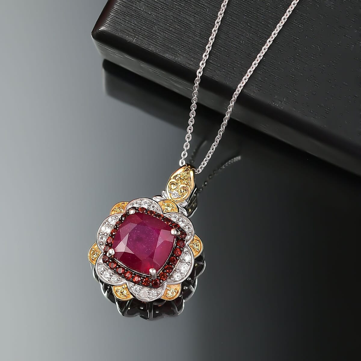 D'Joy Niassa Ruby (FF) and Multi Gemstone 7.60 ctw Pendant Necklace in 18K Vermeil YG and Rhodium Over Sterling Silver 20 Inches image number 1