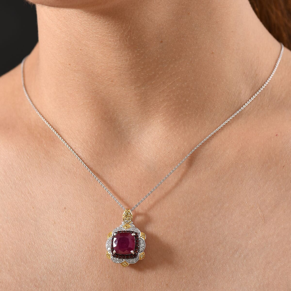 D'Joy Niassa Ruby (FF) and Multi Gemstone 7.60 ctw Pendant Necklace in 18K Vermeil YG and Rhodium Over Sterling Silver 20 Inches image number 2
