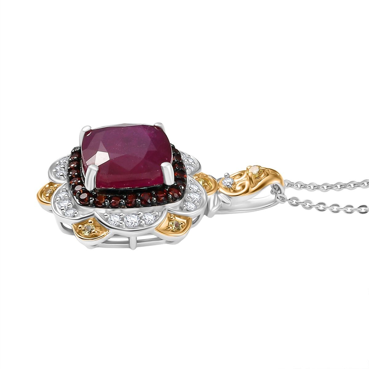 D'Joy Niassa Ruby (FF) and Multi Gemstone 7.60 ctw Pendant Necklace in 18K Vermeil YG and Rhodium Over Sterling Silver 20 Inches image number 3