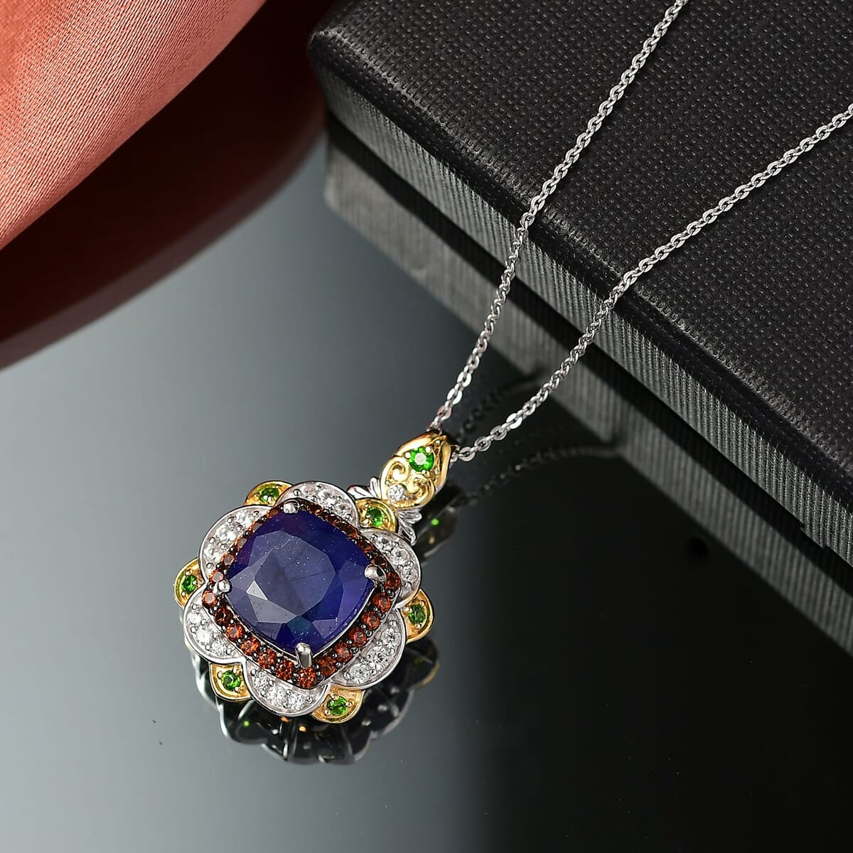 D'Joy Masoala Sapphire (D) and Multi Gemstone 7.60 ctw Pendant Necklace 20 Inches in 18K Vermeil YG and Rhodium Over Sterling Silver image number 1