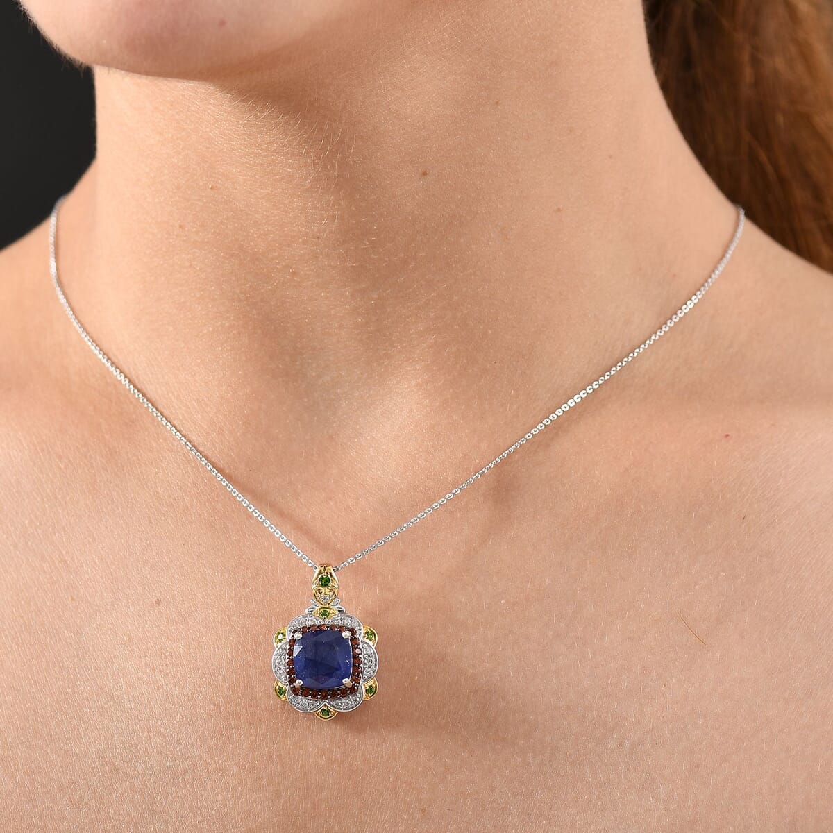 D'Joy Masoala Sapphire (D) and Multi Gemstone 7.60 ctw Pendant Necklace 20 Inches in 18K Vermeil YG and Rhodium Over Sterling Silver image number 2
