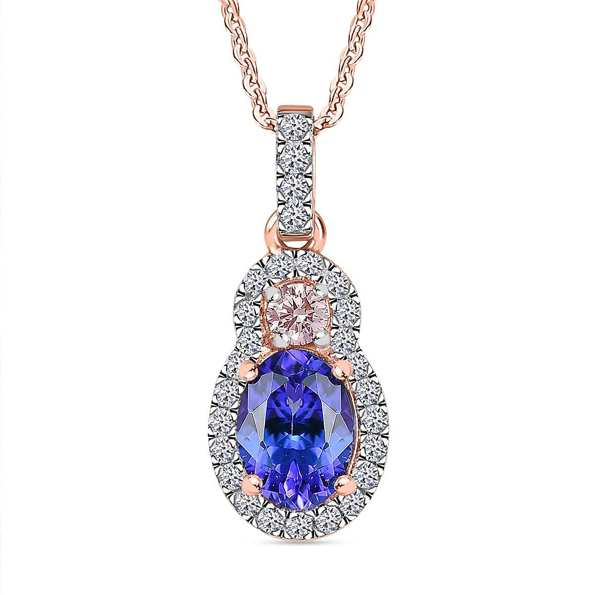 AAA Tanzanite, Luxuriant Lab Grown White and Pink Diamond G-H I1 1.40 ctw Blue Moon Pendant Necklace in 18K Vermeil Rose Gold Over Sterling Silver 20 Inches image number 0