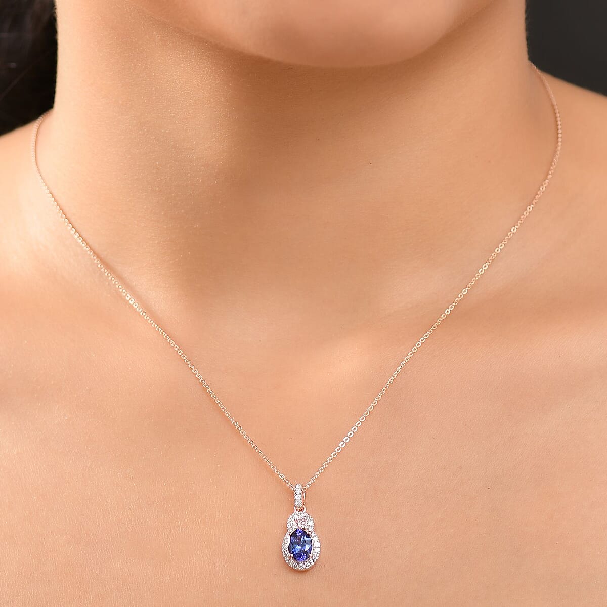 AAA Tanzanite, Luxuriant Lab Grown White and Pink Diamond G-H I1 1.40 ctw Blue Moon Pendant Necklace in 18K Vermeil Rose Gold Over Sterling Silver 20 Inches image number 2
