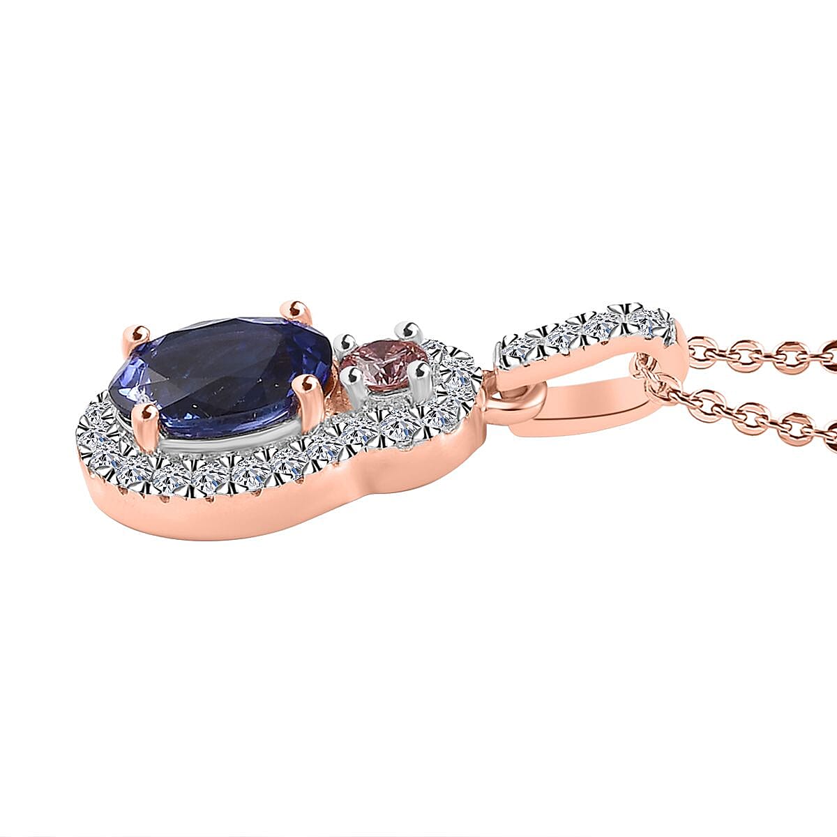 AAA Tanzanite, Luxuriant Lab Grown White and Pink Diamond G-H I1 1.40 ctw Blue Moon Pendant Necklace in 18K Vermeil Rose Gold Over Sterling Silver 20 Inches image number 3