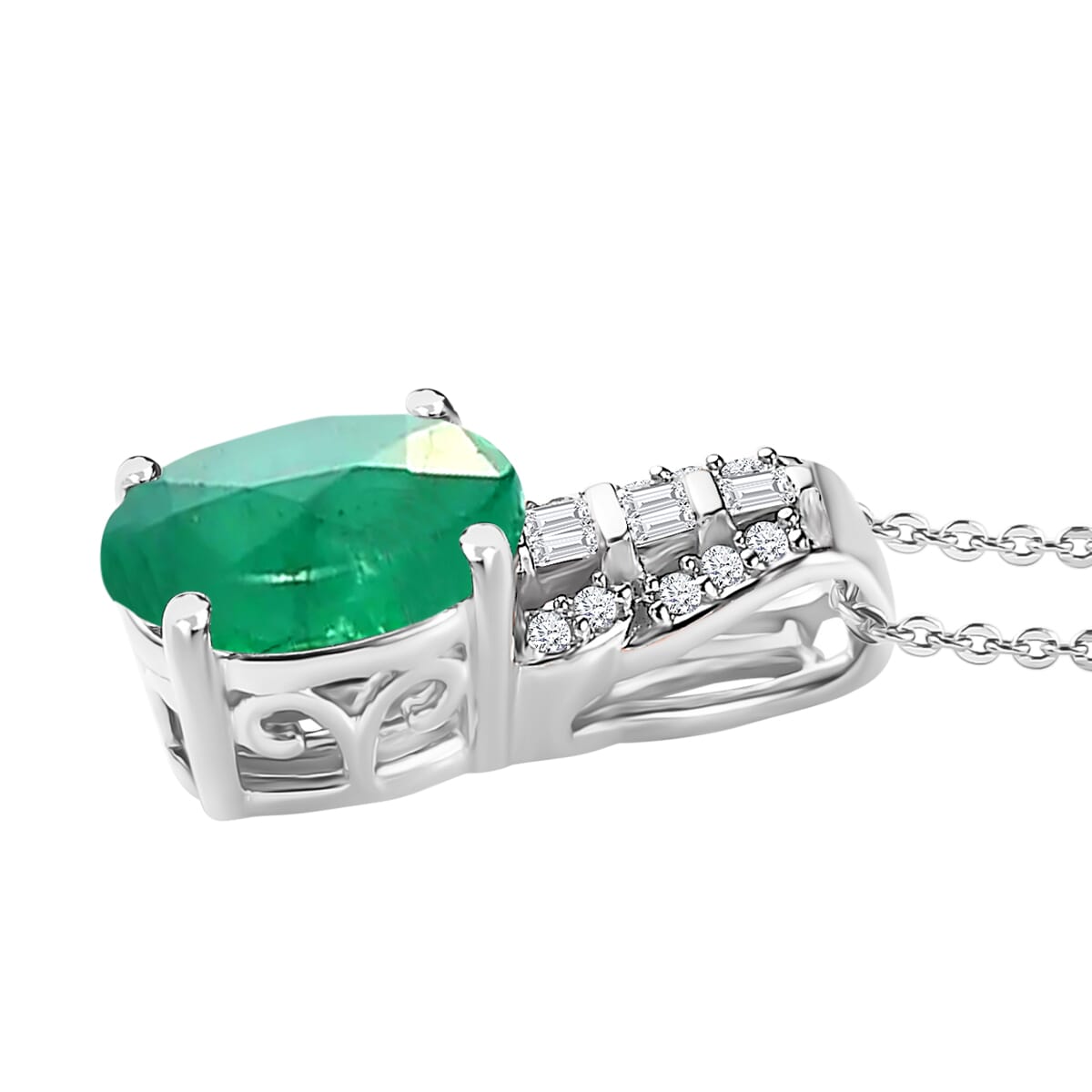 Luxoro AAA Kagem Zambian Emerald and G-H I2 Diamond 1.48 ctw Pendant Necklace in 14K White Gold 20 Inches image number 2