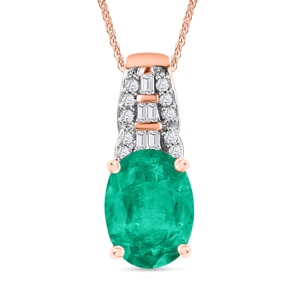 Luxoro AAA Kagem Zambian Emerald and G-H I2 Diamond 1.48 ctw Pendant Necklace in 14K Rose Gold 20 Inches image number 0