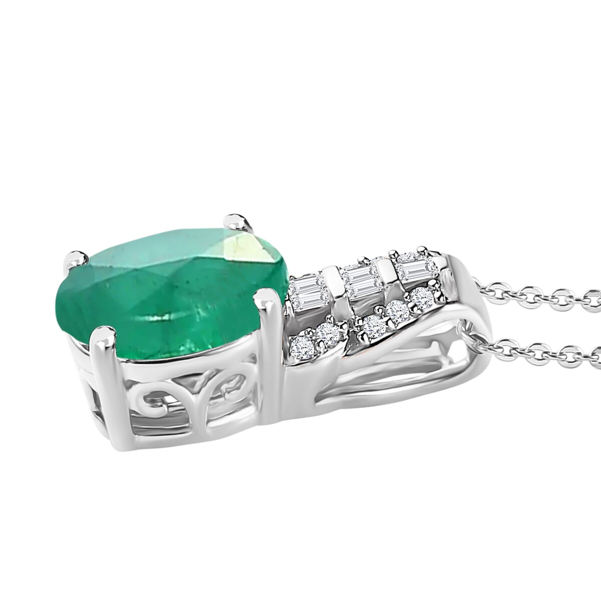 Luxoro Premium Kagem Zambian Emerald and G-H I2 Diamond 1.48 ctw Pendant Necklace in 10K White Gold 20 Inches image number 2
