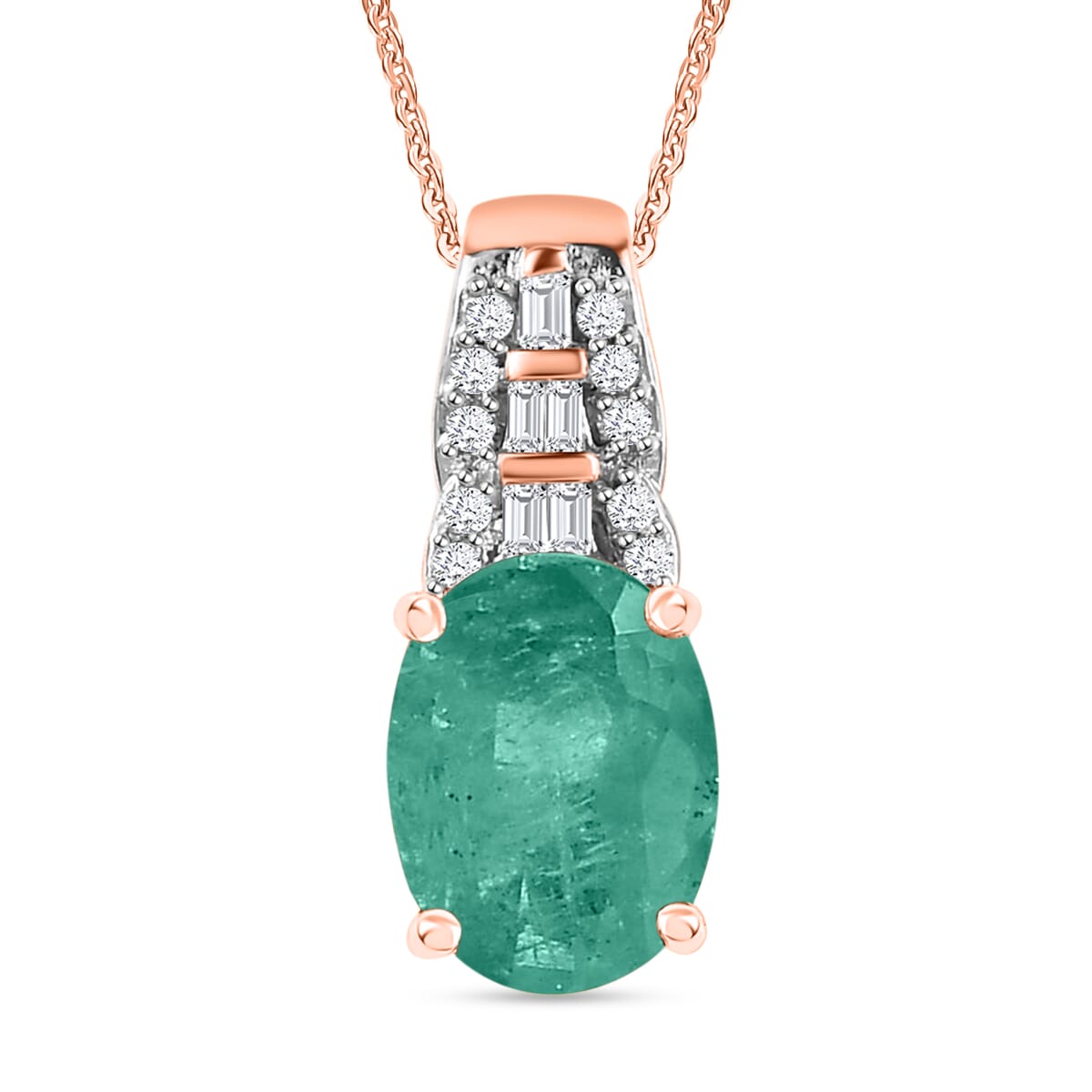 Luxoro Premium Kagem Zambian Emerald and G-H I2 Diamond 1.48 ctw Pendant Necklace in 10K Rose Gold 20 Inches image number 0