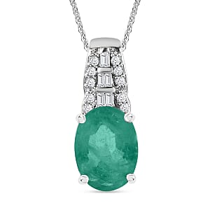 Kagem Zambian Emerald and Diamond 1.48 ctw Pendant Necklace in Rhodium Over Sterling Silver 20 Inches (Del. in 10-12 Days)