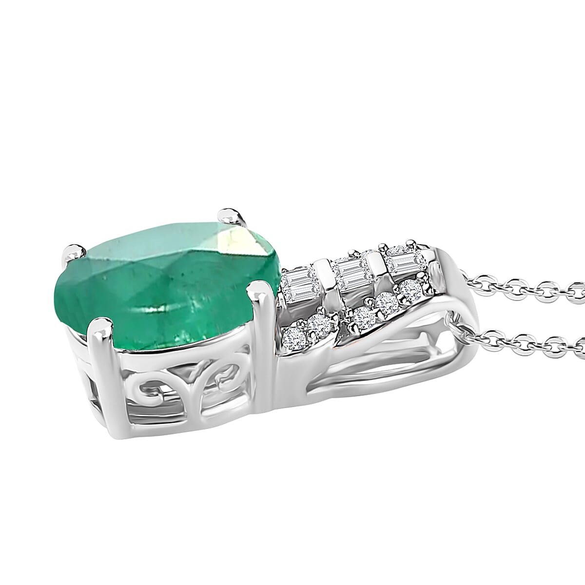 Kagem Zambian Emerald and Diamond 1.48 ctw Pendant Necklace in Rhodium Over Sterling Silver 20 Inches image number 2