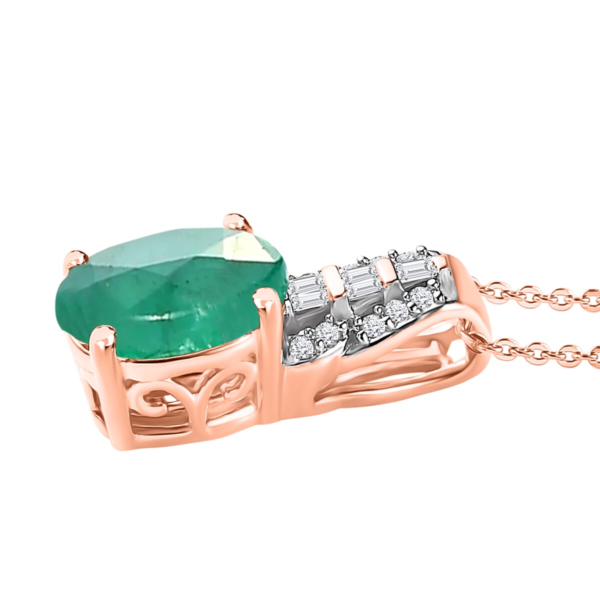 Kagem Zambian Emerald and Diamond 1.48 ctw Pendant Necklace in 18K Vermeil Rose Gold Over Sterling Silver 20 Inches image number 2