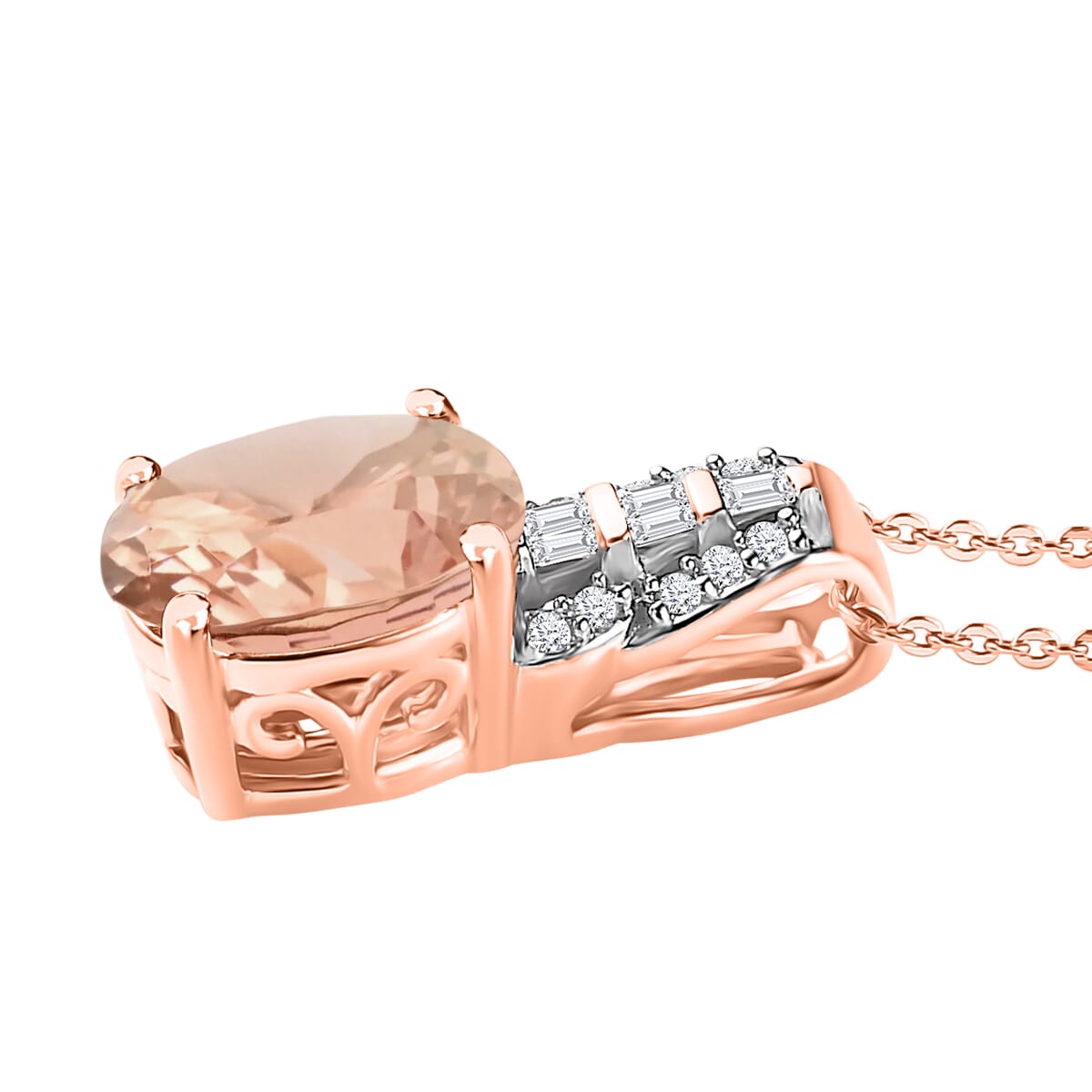 Luxoro Premium Marropino Morganite and G-H I2 Diamond 1.48 ctw Pendant Necklace in 14K Rose Gold 20 Inches image number 2
