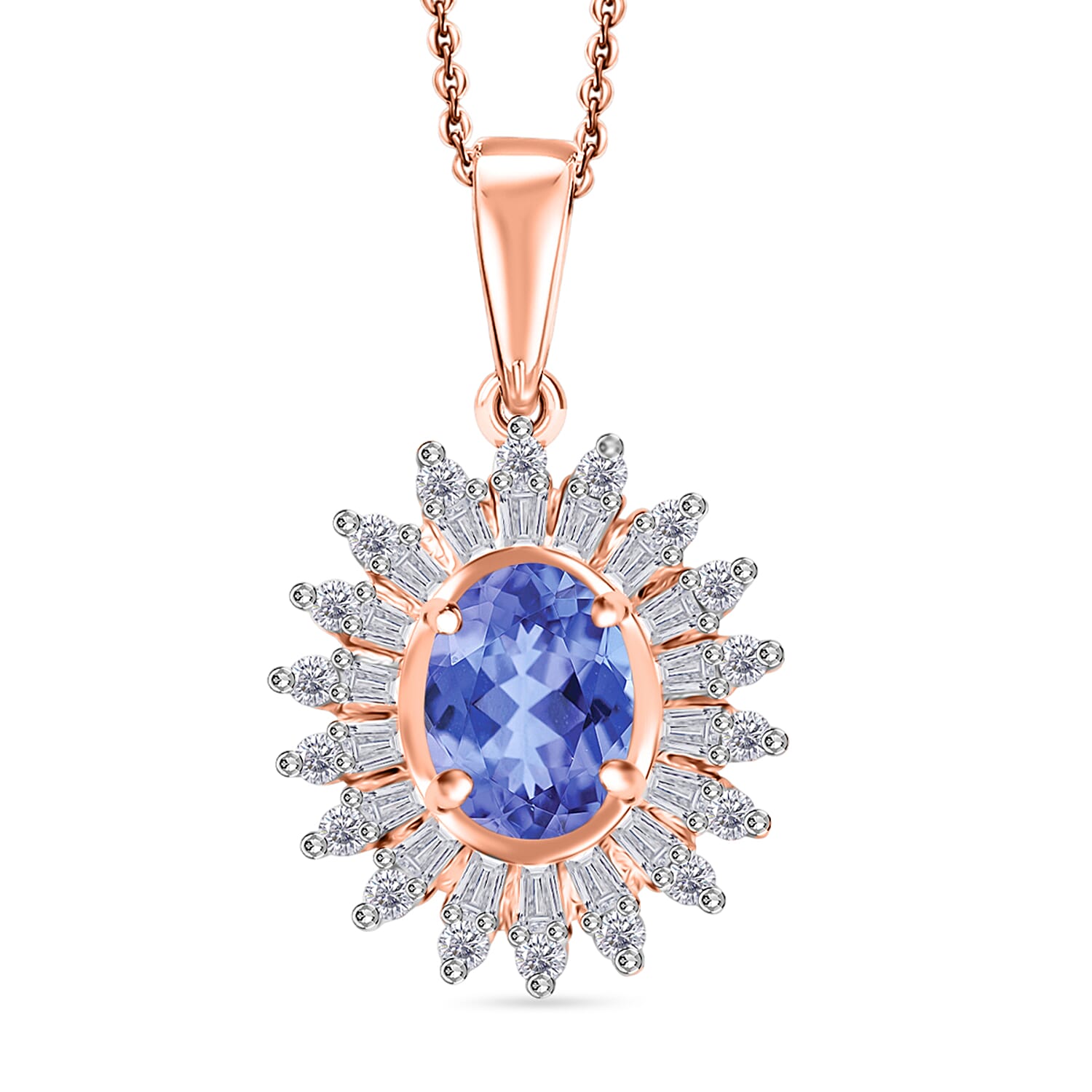 Tanzanite and Moissanite 2.48 ctw Pendant Necklace in 18K Vermeil Rose Gold Over Sterling Silver 20 Inches