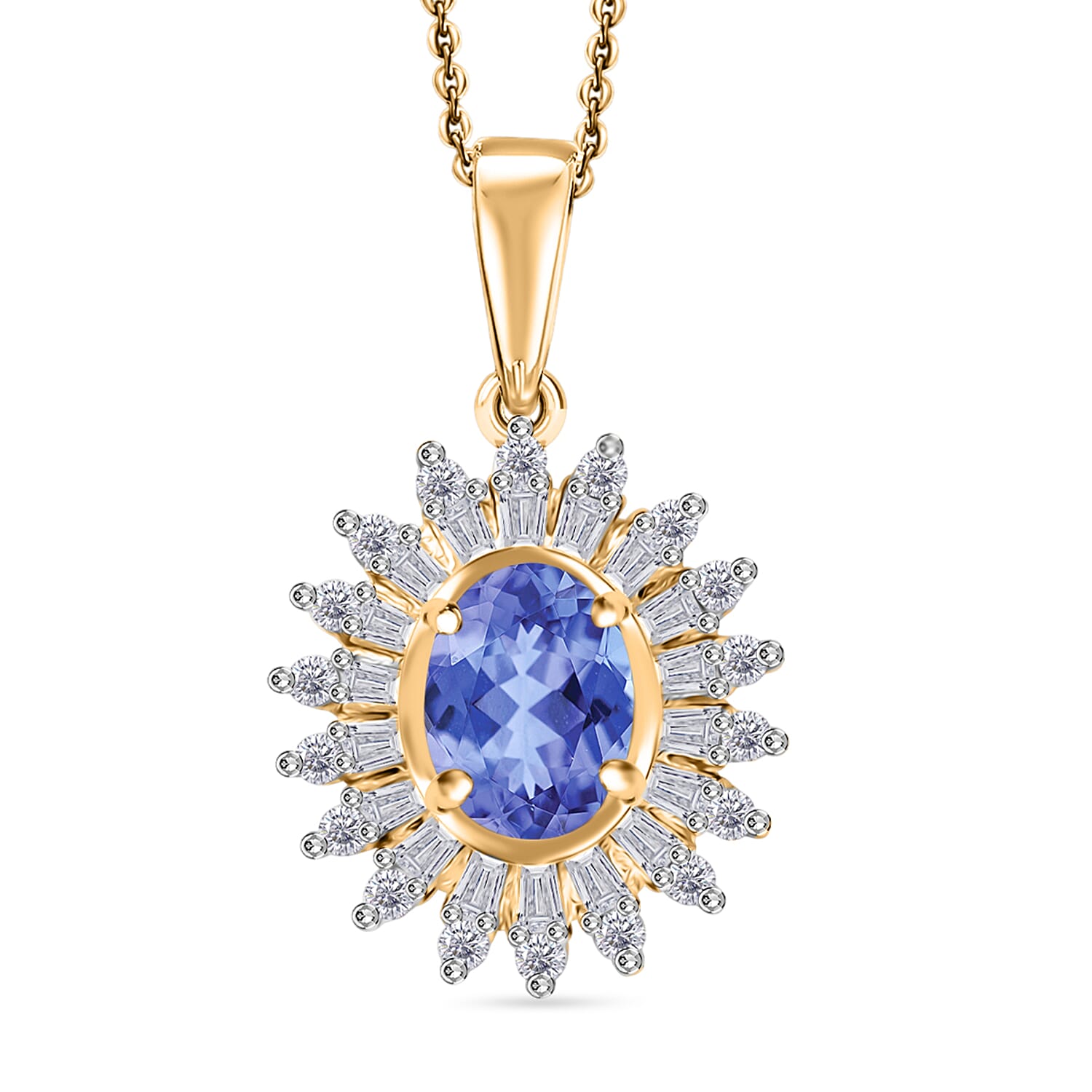 Tanzanite and Moissanite 2.48 ctw Pendant Necklace in 18K Vermeil Yellow Gold Over Sterling Silver 20 Inches