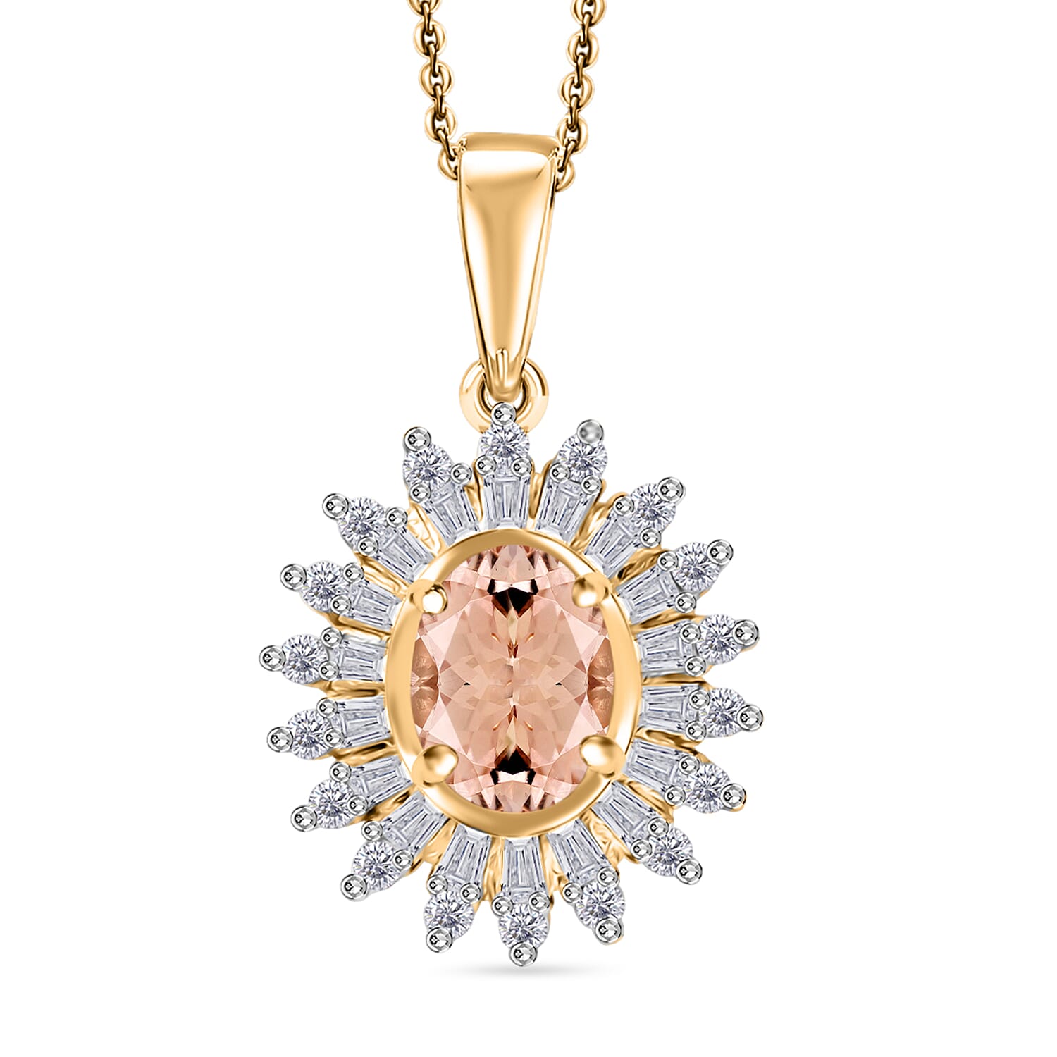 Premium Marropino Morganite and Moissanite 2.48 ctw Pendant Necklace in 18K Vermeil Yellow Gold Over Sterling Silver 20 Inches