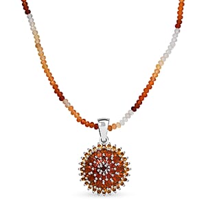 D'Joy Shades of Fire Opal 37.70 ctw Chrysanthemum Flower Pendant with Beaded Necklace 20 Inches in Rhodium Over Sterling Silver