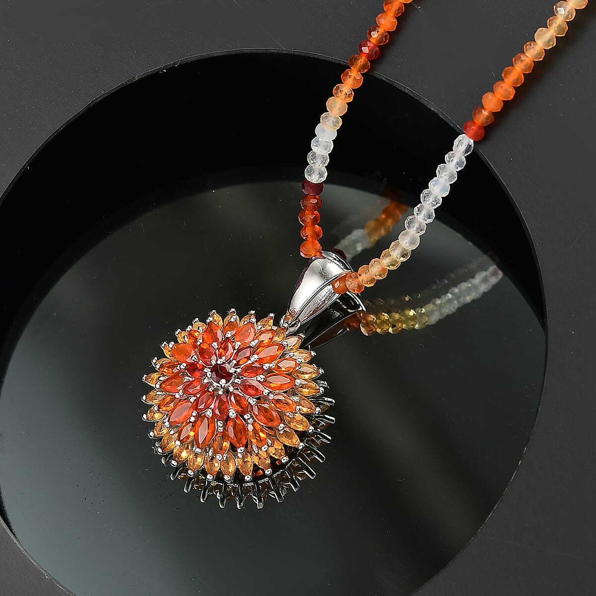 D'Joy Shades of Fire Opal Pendant with Beaded Necklace (20 Inches) in Rhodium Over Sterling Silver 37.70 ctw image number 1