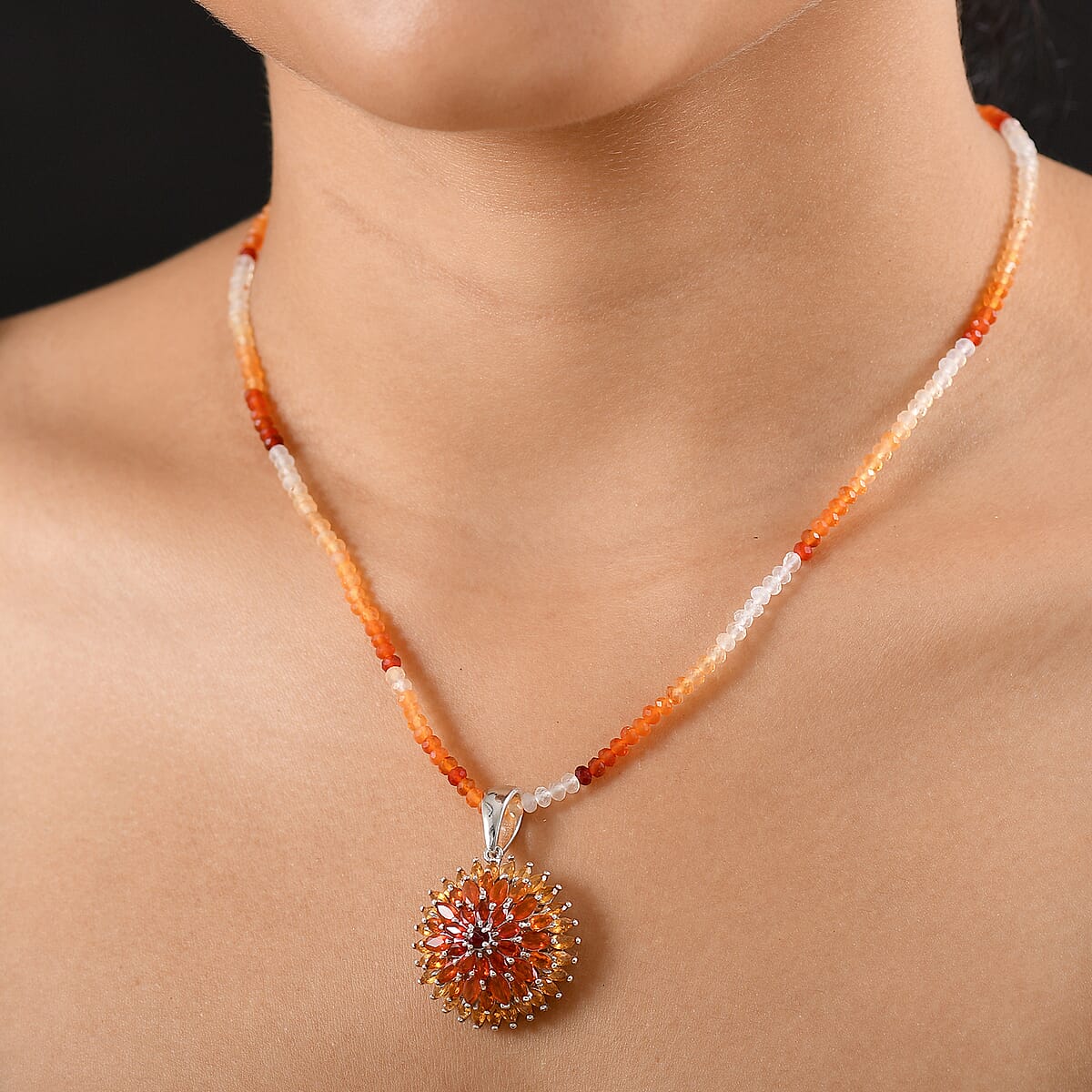 D'Joy Shades of Fire Opal Pendant with Beaded Necklace (20 Inches) in Rhodium Over Sterling Silver 37.70 ctw image number 2