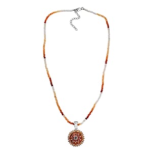 D'Joy Shades of Fire Opal 37.70 ctw Chrysanthemum Flower Pendant with Beaded Necklace 20 Inches in Rhodium Over Sterling Silver