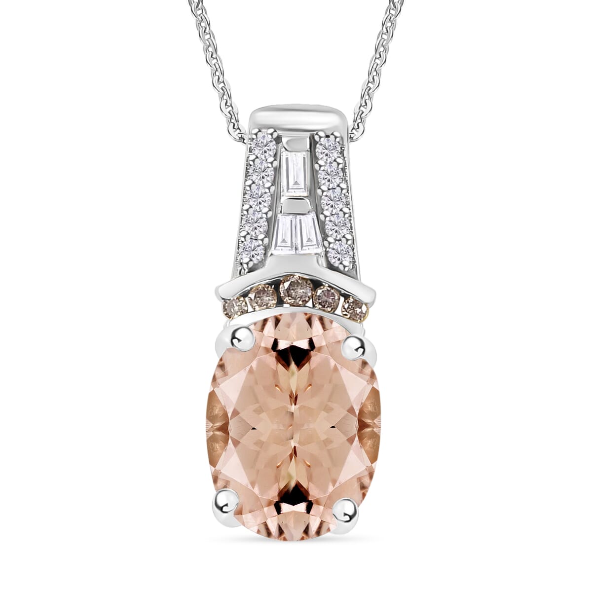 Luxoro Premium Marropino Morganite and Natural Champagne and White Diamond 2.10 ctw Pendant Necklace in 14K White Gold 20 Inches image number 0