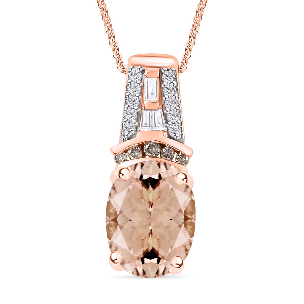 Luxoro Premium Marropino Morganite and Natural Champagne and White Diamond 2.10 ctw Pendant Necklace in 14K Rose Gold 20 Inches image number 0