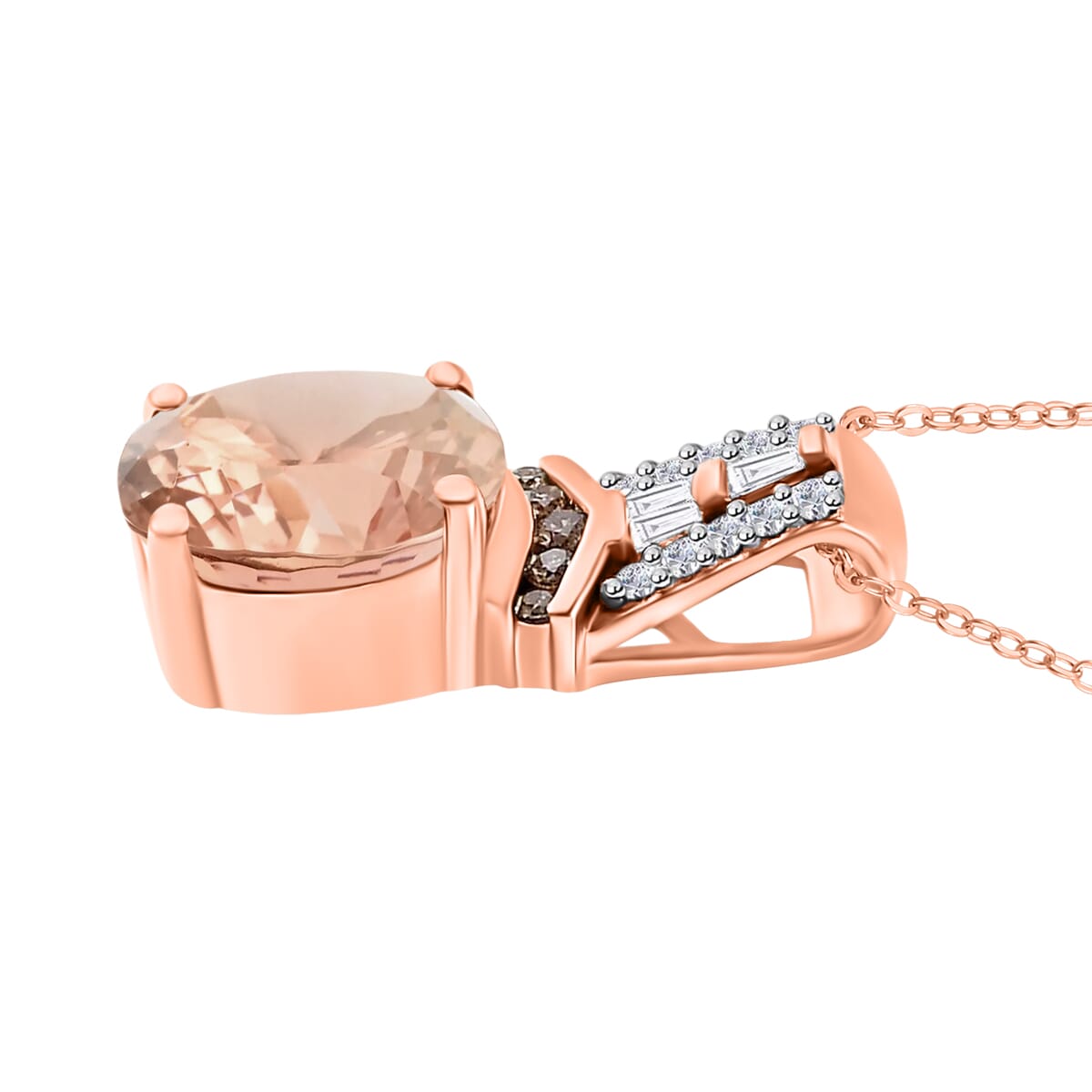 Luxoro Premium Marropino Morganite and Natural Champagne and White Diamond 2.10 ctw Pendant Necklace in 14K Rose Gold 20 Inches image number 2