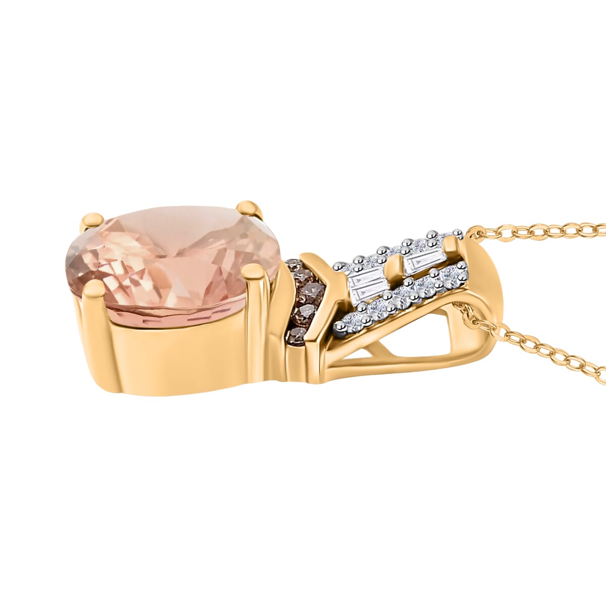 Luxoro Premium Marropino Morganite and Natural Champagne and White Diamond Pendant Necklace in 10K Yellow Gold 20 Inches 2.10 ctw image number 2