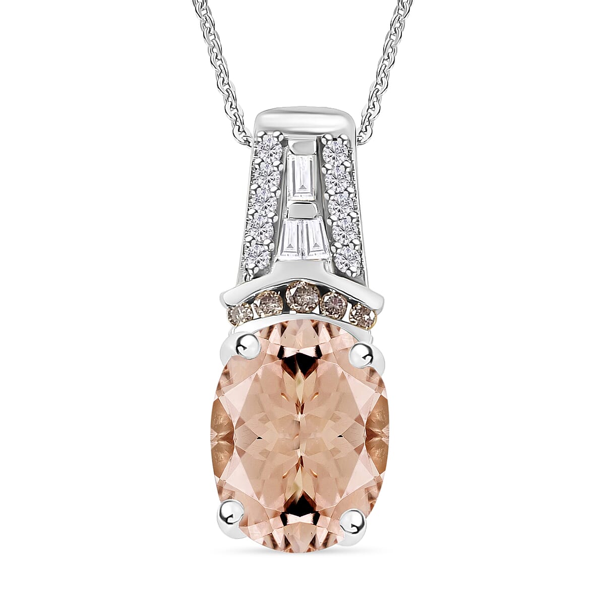 Premium Marropino Morganite, Natural Champagne and White Diamond 2.10 ctw Pendant Necklace in Rhodium Over Sterling Silver 20 Inches (Del. in 10-12 Days) image number 0