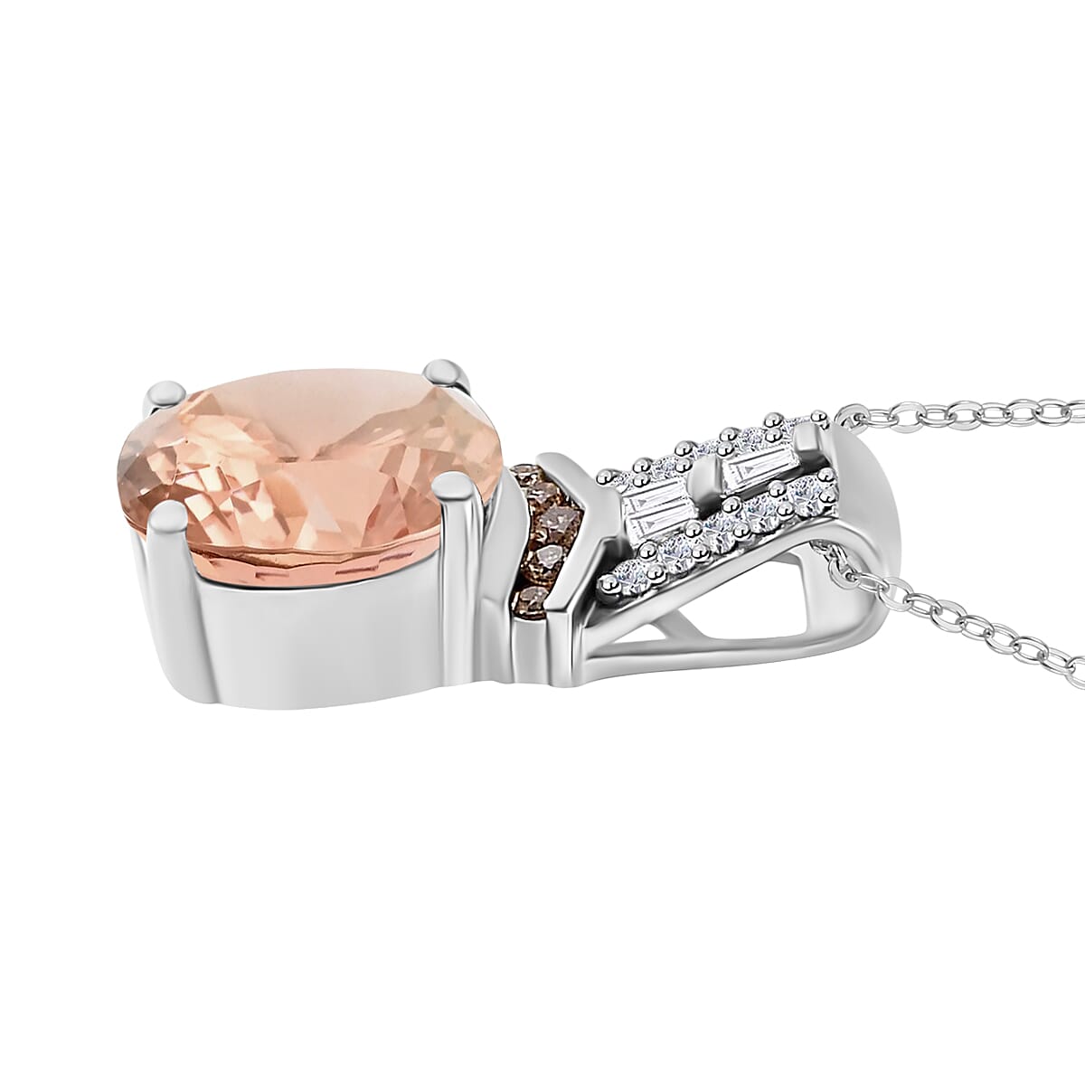 Premium Marropino Morganite, Natural Champagne and White Diamond 2.10 ctw Pendant Necklace in Rhodium Over Sterling Silver 20 Inches