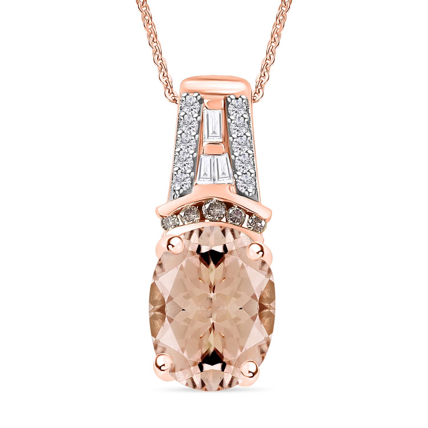 Premium Marropino Morganite, Natural Champagne and White Diamond 2.10 ctw Pendant Necklace in 18K Vermeil Rose Gold Over Sterlin