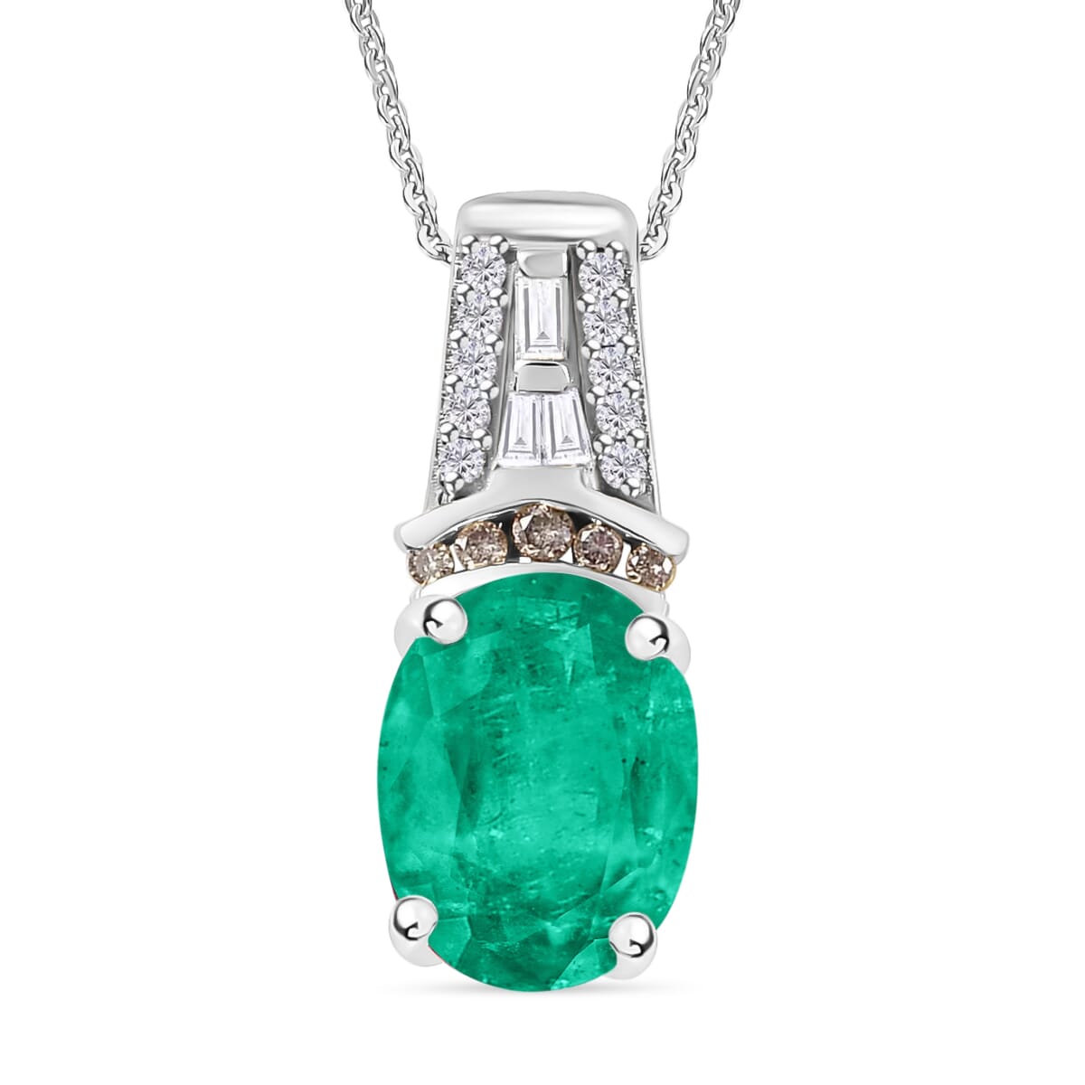 Luxoro AAA Kagem Zambian Emerald, Natural Champagne and White Diamond I2 2.10 ctw Pendant Necklace in 14K White Gold 20 Inches image number 0