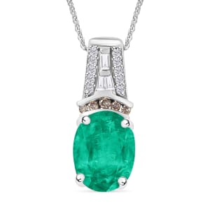Luxoro AAA Kagem Zambian Emerald, Natural Champagne and White Diamond I2 2.10 ctw Pendant Necklace in 14K White Gold 20 Inches