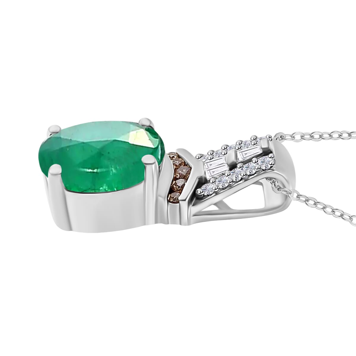 Luxoro AAA Kagem Zambian Emerald, Natural Champagne and White Diamond I2 2.10 ctw Pendant Necklace in 14K White Gold 20 Inches image number 2