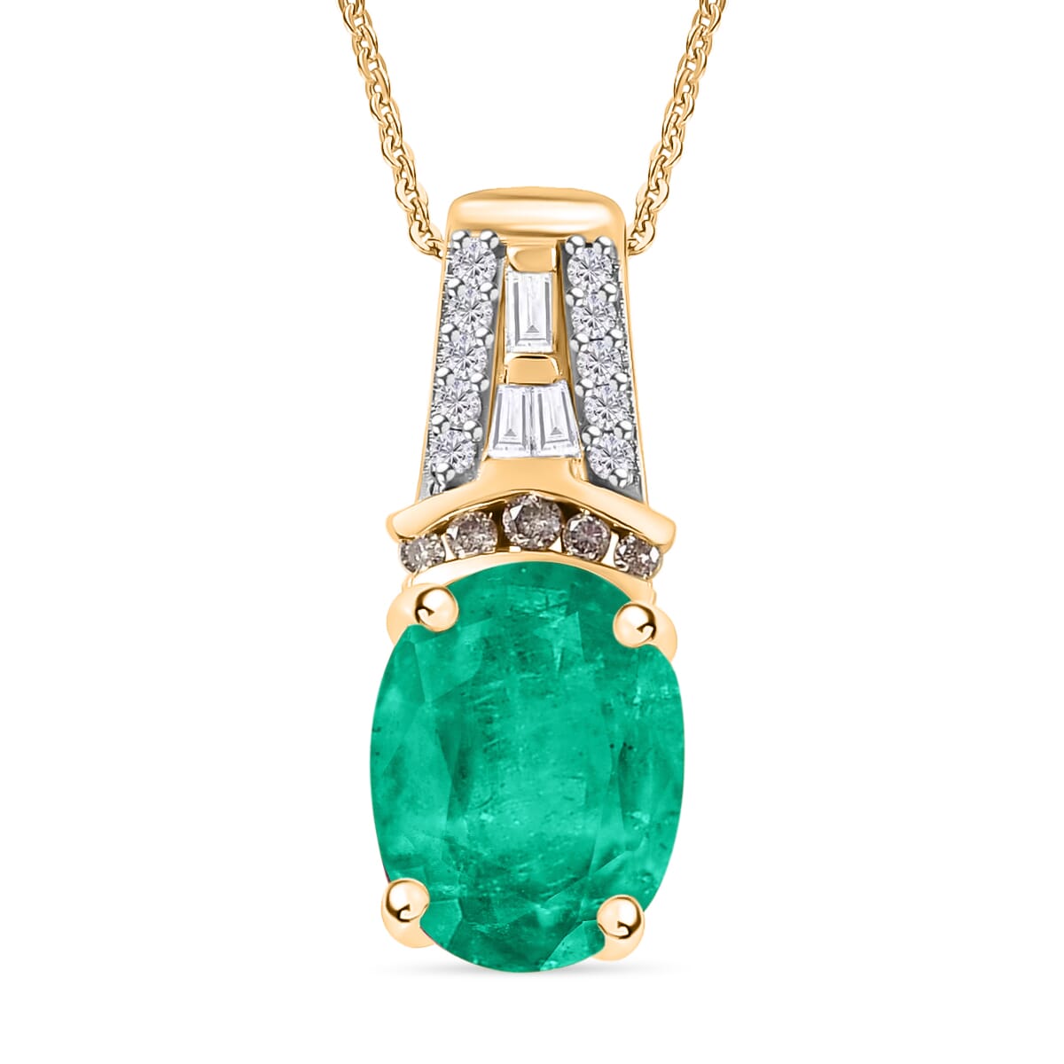 Luxoro AAA Kagem Zambian Emerald, Natural Champagne and White Diamond I2 2.10 ctw Pendant Necklace in 14K Yellow Gold 20 Inches image number 0