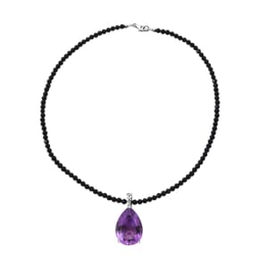 Amethyst and Thai Black Spinel Beaded 106 ctw Pendant Necklace 18 Inches in Rhodium Over Sterling Silver