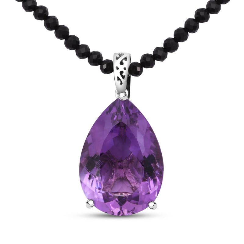 Amethyst and Thai Black Spinel Beaded 106 ctw Pendant Necklace 18 Inches in Rhodium Over Sterling Silver