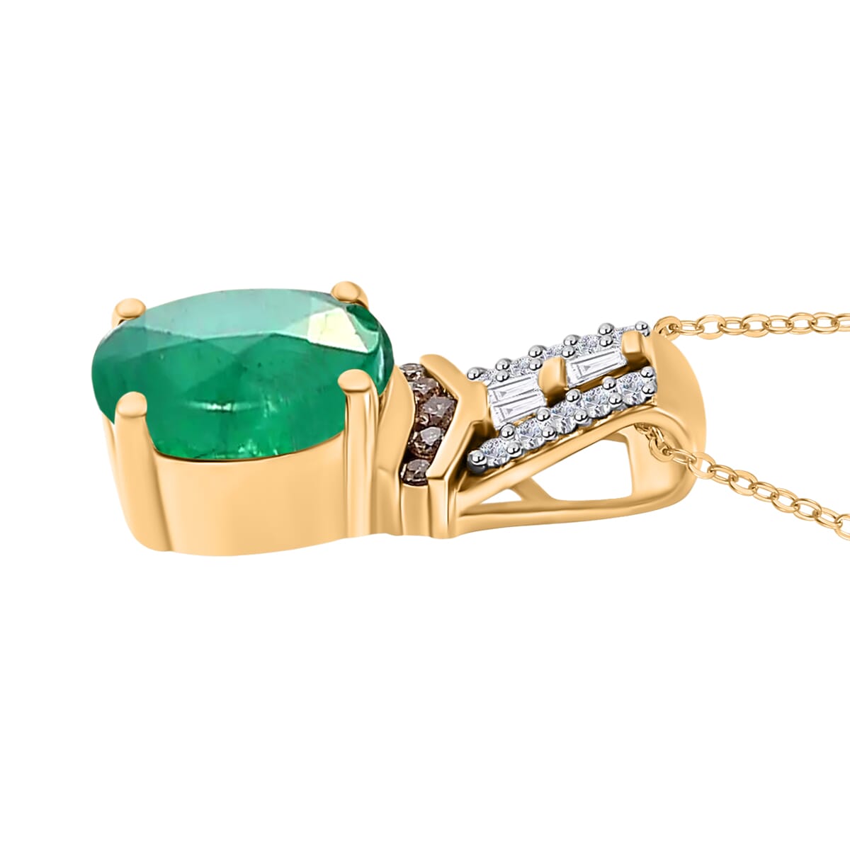 Luxoro AAA Kagem Zambian Emerald, Natural Champagne and White Diamond I2 2.10 ctw Pendant Necklace in 10K Yellow Gold 20 Inches image number 2