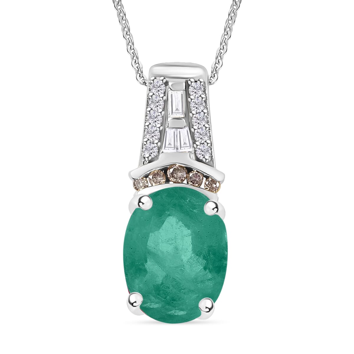 Kagem Zambian Emerald, Natural Champagne and White Diamond 2.10 ctw Pendant Necklace in Rhodium Over Sterling Silver 20 Inches image number 0