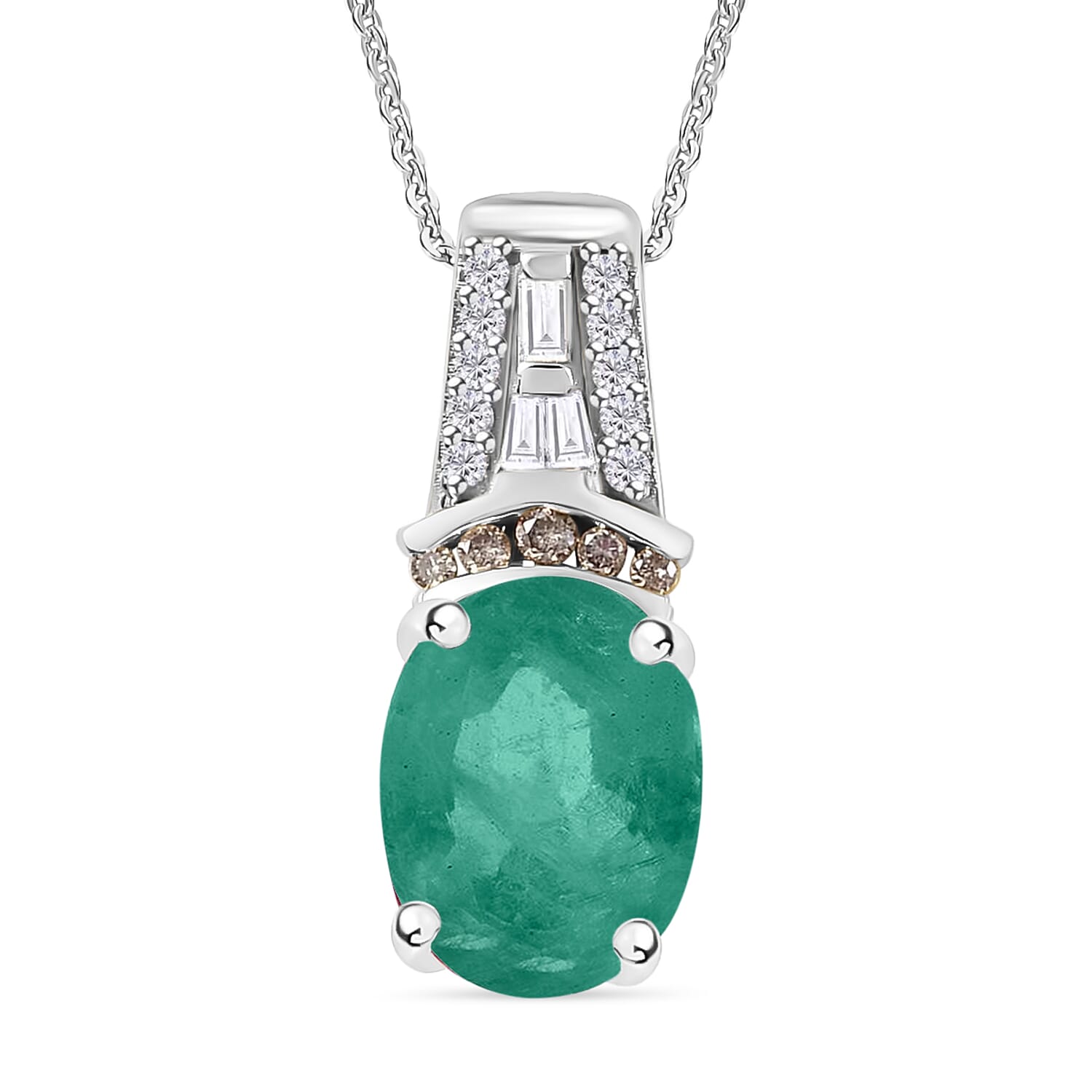 Kagem Zambian Emerald, Natural Champagne and White Diamond 2.10 ctw Pendant Necklace in Rhodium Over Sterling Silver 20 Inches