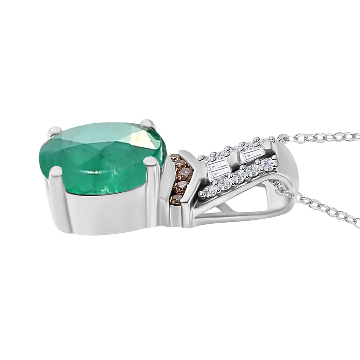 Kagem Zambian Emerald, Natural Champagne and White Diamond 2.10 ctw Pendant Necklace in Rhodium Over Sterling Silver 20 Inches image number 2