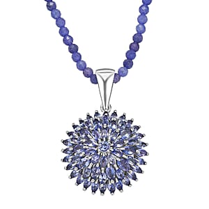 D'Joy Tanzanite 38.35 ctw Chrysanthemum Flower Pendant with Beaded Necklace in Rhodium Over Sterling Silver 20 Inches