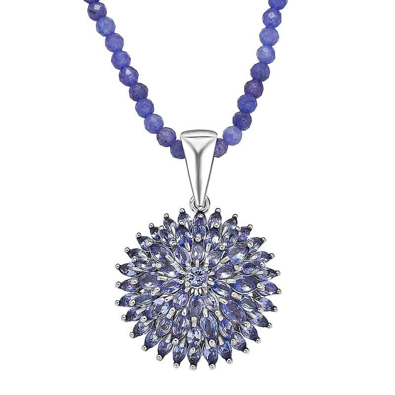D'Joy Tanzanite 38.35 ctw Chrysanthemum Flower Pendant with Beaded Necklace in Rhodium Over Sterling Silver 18- 20 Inches