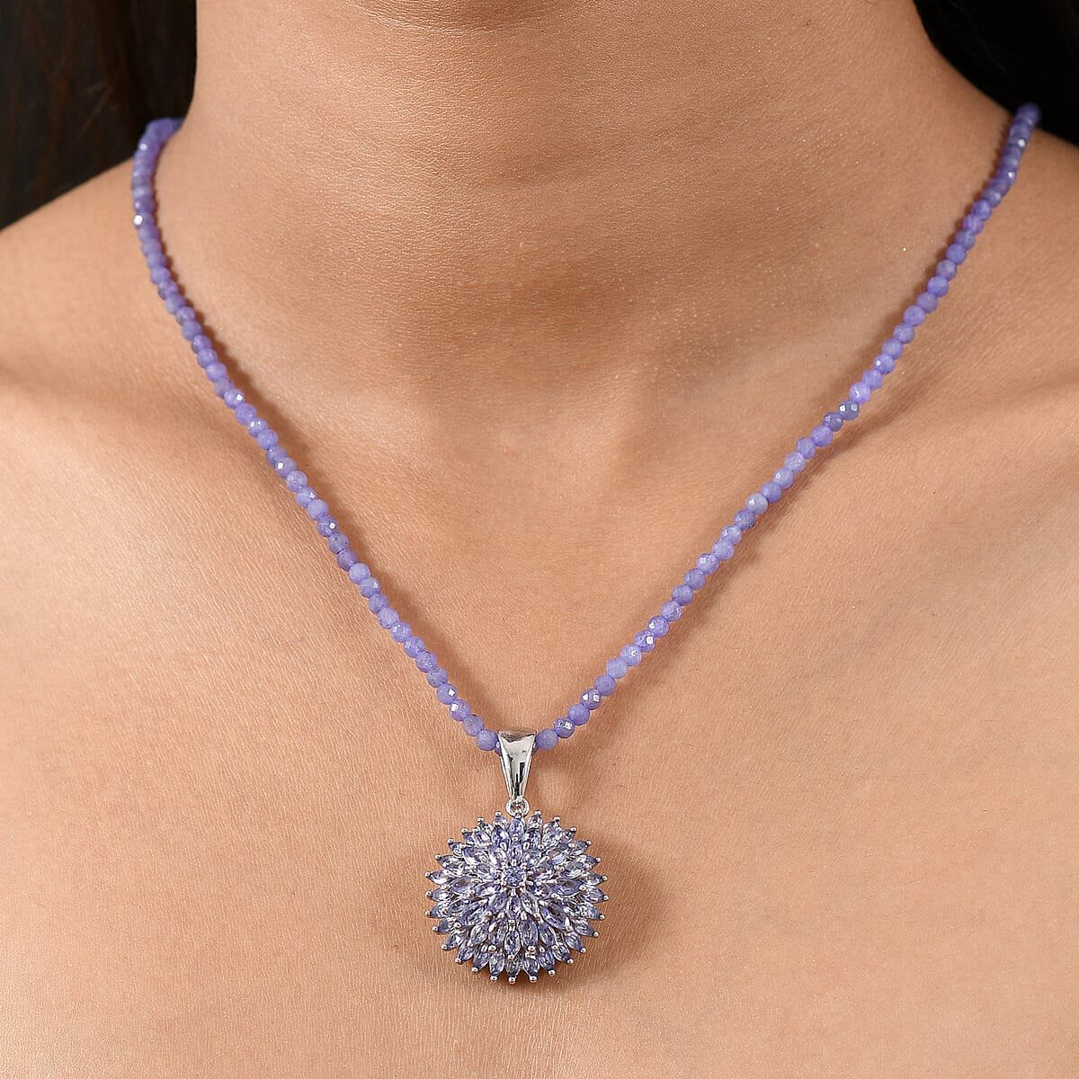 D'Joy Tanzanite 38.35 ctw Chrysanthemum Flower Pendant with Beaded Necklace in Rhodium Over Sterling Silver 20 Inches image number 2