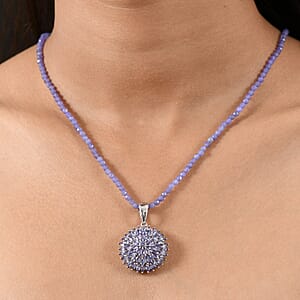 D'Joy Tanzanite 38.35 ctw Chrysanthemum Flower Pendant with Beaded Necklace in Rhodium Over Sterling Silver 20 Inches