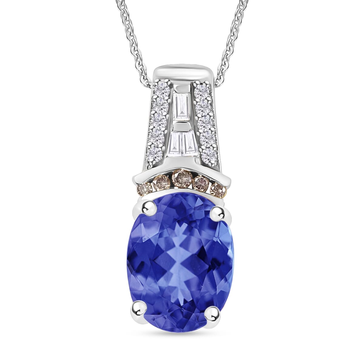 Luxoro AAA Tanzanite, Natural Champagne and White Diamond I2 2.10 ctw Pendant Necklace in 14K White Gold 20 Inches image number 0